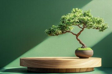 Canvas Print - empty wooden podium on a green wall background with sunlight and a bonsai tree for product display presentation mockup design. Minimal abstract scene