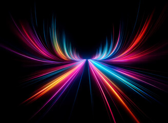 Poster - abstract colorful light streaks radiate outward on a dark backdrop, creating a sense of speed and en