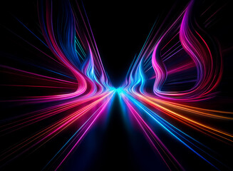 Wall Mural - vibrant neon light trails converge from the darkness, creating a dynamic abstract design with flowin