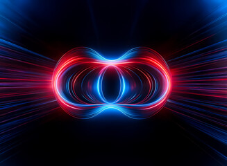 Wall Mural - abstract glowing rings of red and blue light intertwine against a dark backdrop. energy streams radi