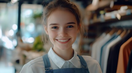 Wall Mural - Happy young woman smiling in a shop.