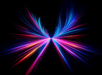 Wall Mural - Vibrant streaks of blue, pink, red, and orange light burst from a central point against a dark backdrop, creating a dynamic and abstract visual effect.