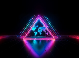 Poster - a vibrant neon triangle glows with cyan, pink, and purple hues, framing a world map. the geometric s