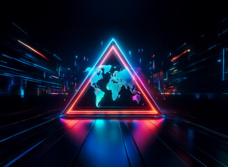 Poster - a vibrant neon triangle frames a world map, glowing in cyan and pink. set against a dark, futuristic