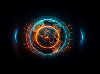 Poster - futuristic glowing globe with orange and blue lines and rings, against a black background. digital a