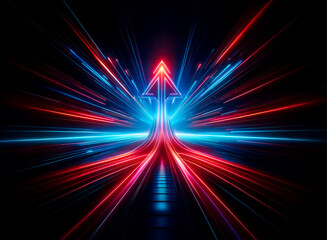 Wall Mural - illuminated arrow points up with vibrant blue and red lights. streaks radiate, creating speed and fu