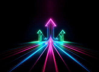 Wall Mural - vibrant neon arrows point upward, creating light trails on a dark background. pink, teal, and green 
