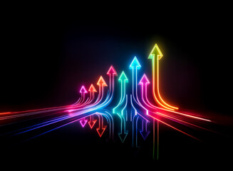 Wall Mural - vibrant, colorful arrows streak upwards against a stark black backdrop, symbolizing growth and forwa