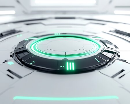 Futuristic tech logo with glowing green and black contrasts on a bright white field