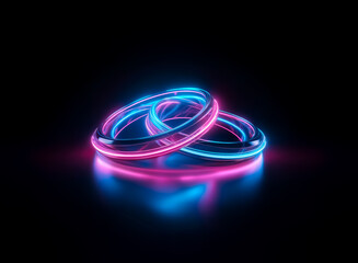 Poster - two glowing rings, intertwined, emit vibrant neon pink and blue light on a dark reflective surface. 