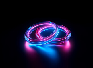 Poster - two glowing rings, intertwined and illuminated in vibrant neon pink and blue, stand out against a da