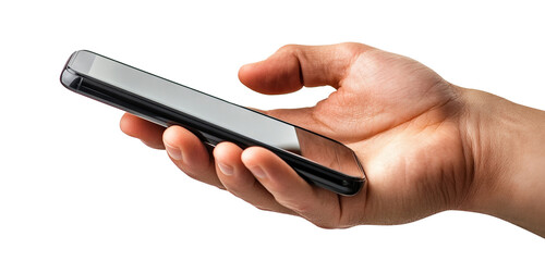 Hand holding smartphone, isolated on transparent cutout background