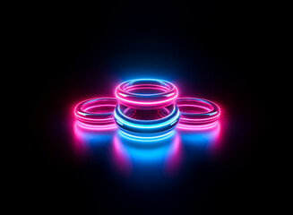 Poster - a trio of stacked rings emits bright neon light in shades of pink and blue, set against a stark blac