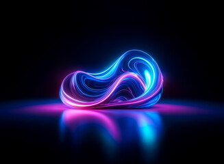 Wall Mural - Abstract 3D shape illuminated with neon pink and blue light, resting on a reflective dark surface against a black backdrop. Smooth, flowing form.