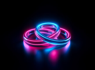 Aufkleber - three intertwined rings glow with vibrant neon lights in pink and blue hues against a stark black ba