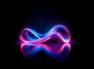 Poster - abstract flowing neon light sculpture with pink and blue hues glows against a dark backdrop, reflect