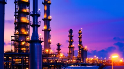 Industrial skyline at dusk with illuminated tower and vibrant sky showcasing energy production