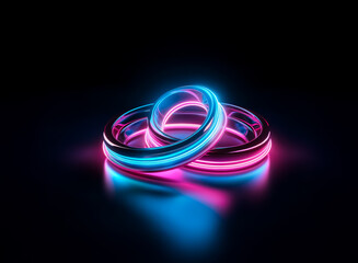 Wall Mural - two intertwined glowing rings, illuminated by vibrant neon lights in pink and blue, stand out agains