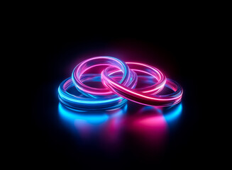 Poster - three vibrant interlocked rings, illuminated with pink and blue neon light, stand out against a star