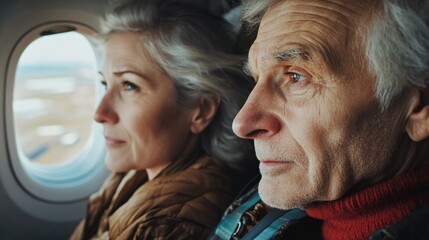 Poster - A couple looks out the airplane window, taking in the scenery