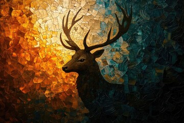 Wall Mural - A majestic deer silhouette is depicted in a vibrant abstract painting, showcasing contrasting warm and cool tones.