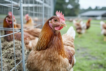 Aufkleber - A group of chickens standing side by side, clucking and pecking at the ground