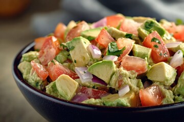 Poster - Fresh vegetables arranged in a bowl with creamy avocado, juicy tomatoes, and sweet onions