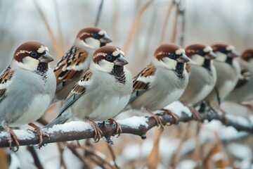 Poster - Group of birds resting on a tree limb
