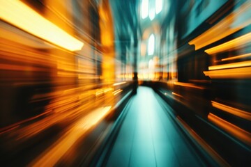 Poster - A blurred image of a city street at night with neon lights and traffic