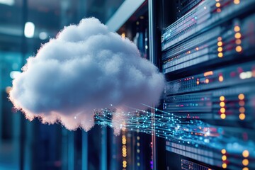 Poster - Cloud floating above a server rack in a data center, with cables and equipment visible