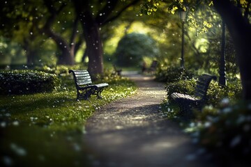 Leinwandbilder - A peaceful park bench surrounded by lush greenery, perfect for relaxation or contemplation