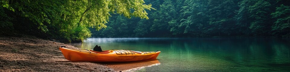 Poster - A yellow canoe sits peacefully on the shore of a serene lake, waiting for its next adventure