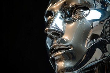 Poster - A detailed view of a metallic robotic head with a smooth, reflective surface