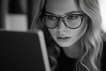 Poster - A woman wearing glasses sits in front of a laptop, focused on the screen