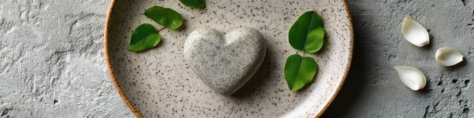 Poster - A heart shaped stone placed on a plate surrounded by leaves, perfect for decorative purposes