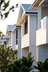 Poster - A picturesque scene of row of white houses with trees in the foreground, suitable for use in architectural or landscape designs