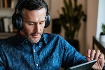 Poster - a person wearing headphones reviews content on a tablet, potentially for work or personal use