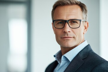 Wall Mural - A businessman sitting in front of a white background, wearing a suit and glasses