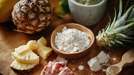 Poster - A wooden cutting board filled with fresh pineapples, fruits, and vegetables