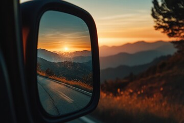 Poster - A car's side mirror captures a stunning sunset scene