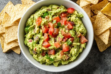Poster - Fresh guacamole served with crispy tortilla chips on a wooden table