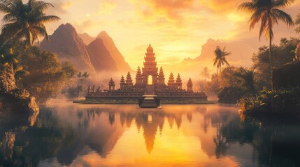 Wall Mural - Sunrise over Asian temple lake, misty mountains. Travel brochure