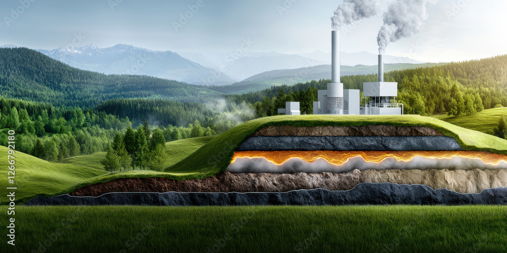Geothermal Energy Utilization, A landscape showing a geothermal power ...