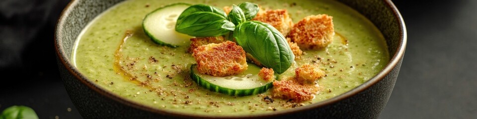 Poster - Fresh vegetable soup served in a bowl with sliced cucumber and crispy bread croutons