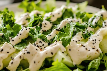 Wall Mural - Fresh green salad with creamy dressing on a clean white plate, perfect for any meal or gathering