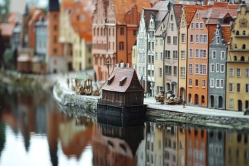 Poster - A small scale model of a city situated on a body of water, ideal for illustrations and designs related to urban planning or architecture