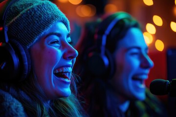Poster - A woman sings into a microphone while wearing headphones