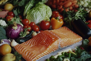 Wall Mural - Fresh vegetables and seafood arrangement on a table, perfect for a healthy meal or presentation