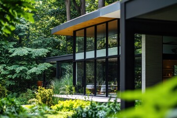 Aufkleber - A house with multiple windows and lush greenery, perfect for interior or exterior use