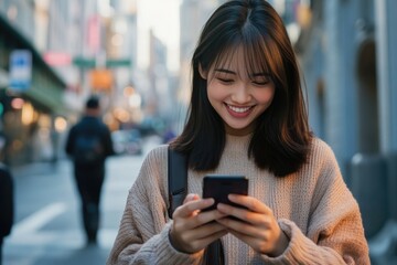 Poster - A woman smiles as she looks at her cell phone, possibly reading messages or checking social media